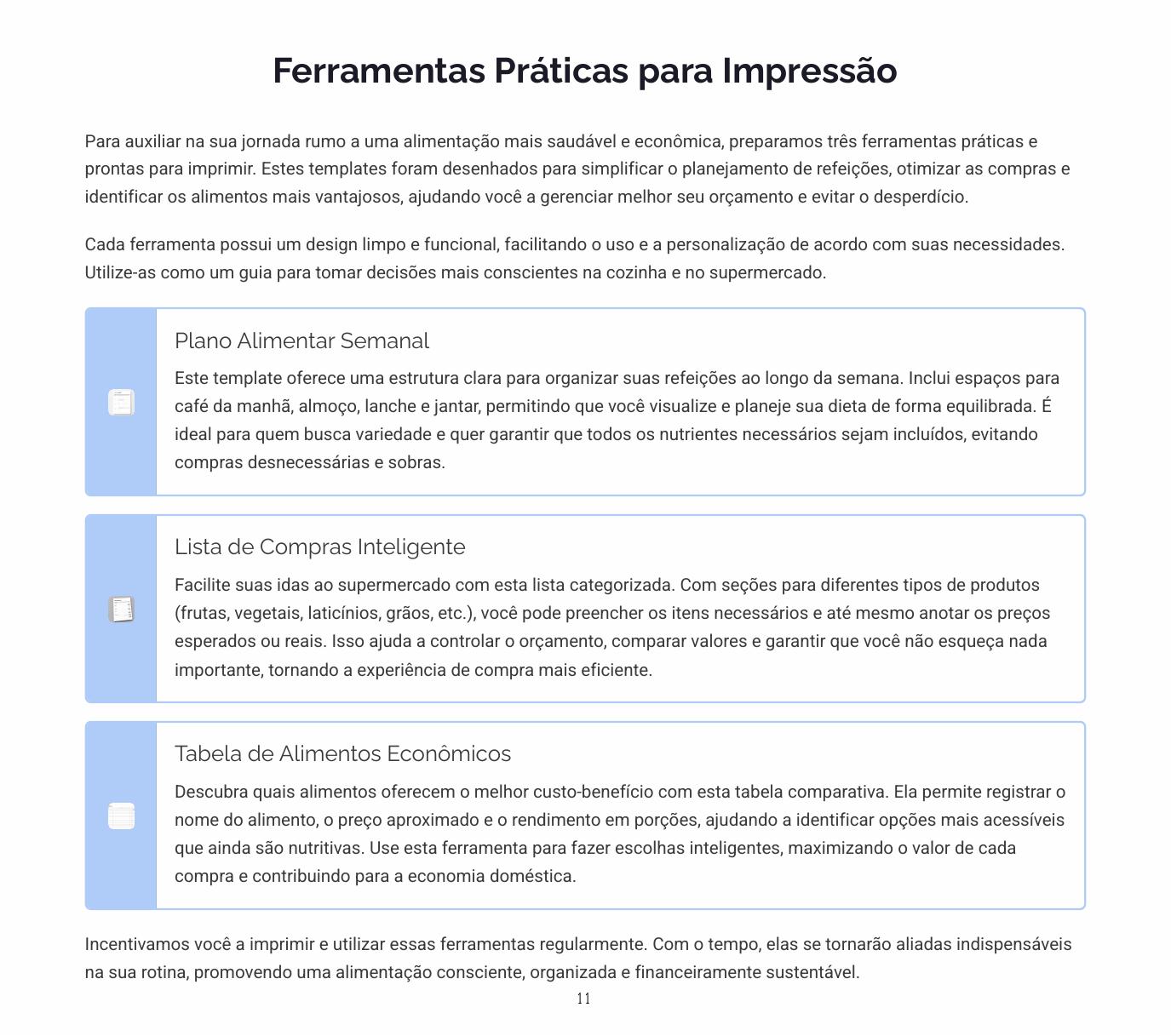 Página do e-book com ferramentas de planejamento alimentar
