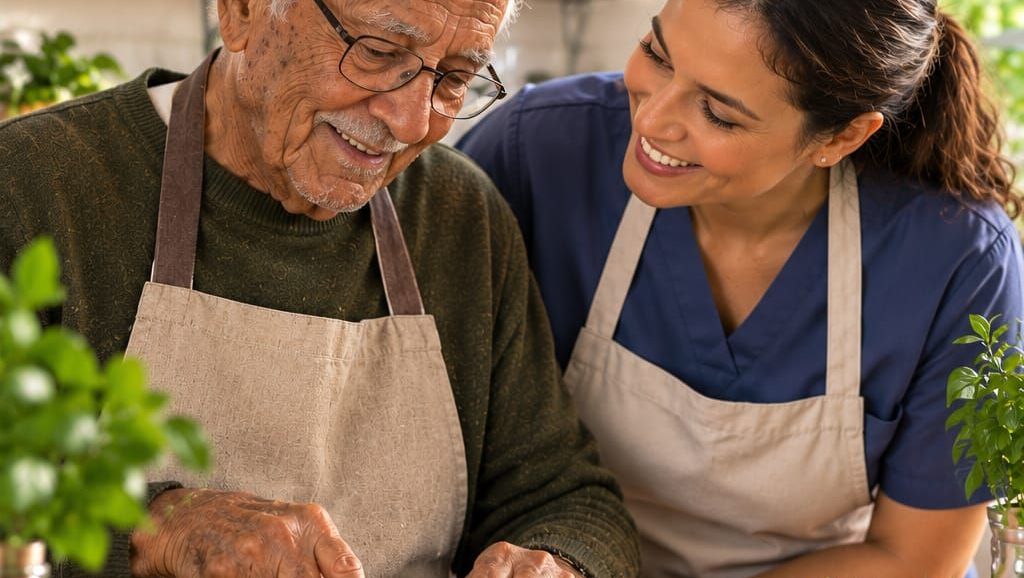 Pessoa idosa cozinhando com o apoio de uma cuidadora